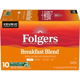 Folgers Breakfast Blend Coffee, Mild Roast, Keurig K-Cup Pods, 10 Count Box
