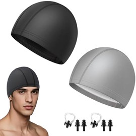 4 Gorras De Natación, Gorro Natación Hombre,Gorra De Natación PU, Diseño Impermeable, Entrenamiento Piscina, Color Negro Y Gris, Incluye 2 Cajas De Pi