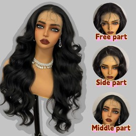 Natural Black 13×6 Lace Front Wig, 26 Inch HD Lace frontal Wavy Glueless Wigs,Synthetic Body Wavy Pre Plucked Wig with Baby Hair for Women Daily Party Use,Heat Resistant Fiber Wig