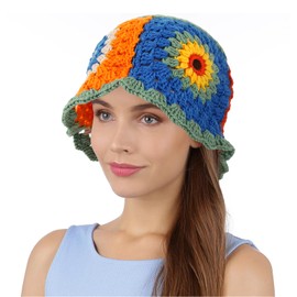 Crochet Bucket Hat for Women Knit Beanies Cap Handmade Foldable Floppy Beach Hat Fashion Cute Comfy and Casual Striped Floral Checkerboard Fishing Hat