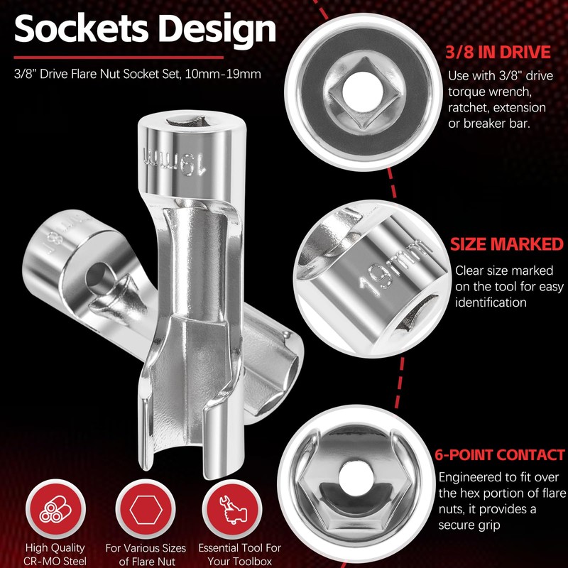 12030 Flare Nut Socket Set, 10pc, 10-19 mm 3/8" Drive