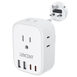 LENCENT 1X Adaptador de Enchufe Inglés Tipo G, Adaptador de Corriente para UK, Cargador con 4 Salidas CA&2 USB-C+2 USB-A, Adaptador para Viaje de México a Reino Unido, Hong Kong, Irlanda, Dubái