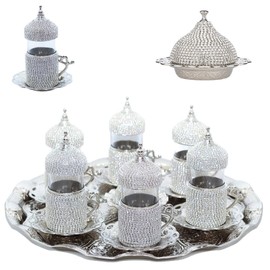 Alisveristime Crystal-Embellished Turkish Tea Glass Set with Zamak Holders and Saucers (SET of 6) (Silver)