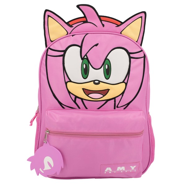 AI ACCESSORY INNOVATIONS Sonic The Hedgehog Backpack for Boys & Girls, Bookbag with Adjustable Shoulder Straps & Padded Back, Amy Rose 16 Inch Schoolbag with 3D Features, Durable School Bag for Kids
