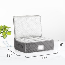 Stack Store Plus More China Cup Storage Chest - Quilted Fabric Container in Gray Measuring 16" x 13" x 6"H - Perfect Storage Case for Coffee Mugs - Tea Cups - Mason Jars - Glassware