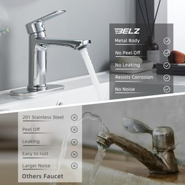 BELZ Chrome Bathroom Faucet, Modern Single Handle One Hole Bath Vanity Sink Faucets with Pop Up Drain and Deck Plate for 1 or 3 Holes