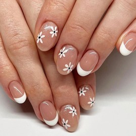 White French Tip Press on Nails Flower Fake Nails Short Almond False Nails Press ons with White Floral Designs Reusable Acrylic Nails Full Cover Artificial Stick on Nails for Women Manicure 24Pcs
