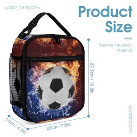 Fire Soccer Lunch Box Insulated Lunch Bag Leakproof Lunch Tote Bag Reusable Small Bento Lunch Box Containers Portable Meal Bags with Side Pocket Cooler Tote Lunchbox Gifts for Daughter Son