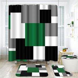 ArtSocket Geometric Green Bathroom Set with Shower Curtain and Rugs Accessories, Black and Gray Modern Military Shower Curtain, Green Bathroom Decor 4 Pcs