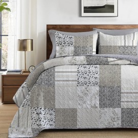 Boryard King Size Quilt Set, 3-Piece Lightweight Soft Full Size Quilt Plaid Patchwork Farmhouse Bedspread Coverlet Spring Bedding Set with Pillow Shams, Beige White Plaid Print