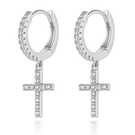 925 Sterling Silber Creolen Ohrringe mit Kreuz Anhänger, Funkelnde CZ Tropfen Ohrringe für Damen Herren, Hypoallergen Kleine Schlafen Knorpel Ohrringe Schmuck Geschenk