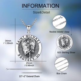 DRINSPER St Michael Pendant for Men S925 Sterling Silver Archangel Michael Necklace Patron Saints Medals Amulet Statue Necklace Protection Jewelry Gift for Women