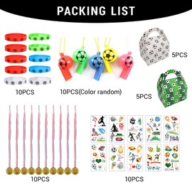 atnayo 50 Pcs Football Party Bags Fillers, Medals Wristbands Whistles Stickers Gift Bag for Boys Girls Football Themed Party