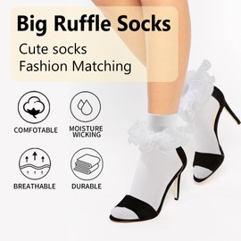 MKYSZLT Soft Women Big Ruffle Ankle Socks Double Lace Frilly Dress Socks with Bow Cute Crew Turn Cuff 80s Fancy Bobby Bride Sock (US, Alpha, One Size, Regular, Regular, White - 3 pairs)