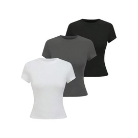 COZYEASE Girl's 3 Pack Summer Basic Tee Tops Short Sleeve Crew Neck Casual T-Shirts White Grey Black 11Y