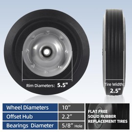 AR-PRO (2-Pack) 10" x 2.5" Flat Free Solid Rubber Replacement Tires - Flat-Free Tire and Wheel for Hand Trucks and Wheelbarrows with 5/8" Axles