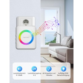 TECKNET Wireless Doorbell, IP65 Waterproof Outdoor Wireless Bell, 400 m Range, Wireless Bell Set with 3 Plug-In Receivers and 1 Transmitter, Front Door Bell with 60 Melodies and RGB Light
