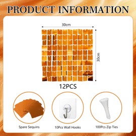 12PCS Orange Shimmer Wall Backdrop, Square Sequin Photo Backdrops Panel, Glitter Wall Background for Birthdays, Weddings, Graduation, Engagements, Disco Bachelorette Party Decoration (3FTx4FT)