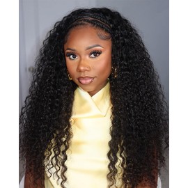 BGM GIRL Half Wig Human Hair Water Wave 3 in 1 Wigs Beginner Friendly Flip Over Drawstring Glueless Wig Ready to Go Seamless Clip in Wigs Natural Black Color 24 Inch