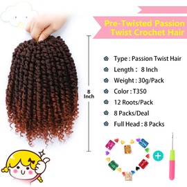 Fulcrum Passion Twist Hair 8 Inch, 8 Packs Pre-Twisted Passion Twist Crochet Hair for Black Women, Soft Passion Twist Curly Crochet Hair Pre Looped, Passion Twist Synthetic Crochet Hair Extensions (8 Inch (Pack of 8 ), T350#)