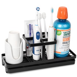 Toothbrush Holders for Bathrooms, Carbon Steel Tooth Brushing Holder Electric Toothbrush and Toothpaste Organizer Bathroom Accessories for Countertop, Shower, Sink, 5 Slots, Matte Black