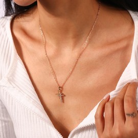Double Cross Necklace for Women, Trendy Simple Splicing Double Cross Pendant Necklace Dainty Rhinestone Gold Plated Long Necklace for Girls Jewelry Gifts, Zinc, Rhinestone
