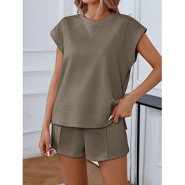 Famulily Summer Tracksuit Set for Women Short Sleeve Lounge Suit Solid Color Outdoor Co ord Sets Coffee L