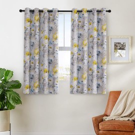 MYSKY HOME Floral Curtains 63 inch Length 2 Panels for Living Room Vintage Flower Printed Drapes Thermal Insulated Curtains Panels with Grommet, Grey and Yellow