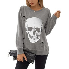 Blooming Jelly Women's Crewneck Sweatshirt Skull Graphic T Shirts Long Sleeve Top Pullover Oversized Sweaters(Medium,Grey）
