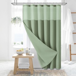 Dynamene Extra Long Shower Curtain, 84 Inch Long Waffle Fabric Shower Curtain for Bathroom, Tall Waterproof Cloth Shower Curtain Liner Set with Hook, Snap in Liner, Mesh Top Window, Sage Green, 72x84