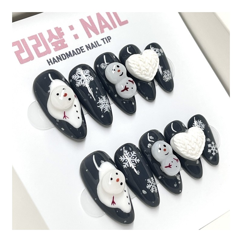 Winter Night Snowman Handmade Nail Tips - Stiletto / 겨울밤