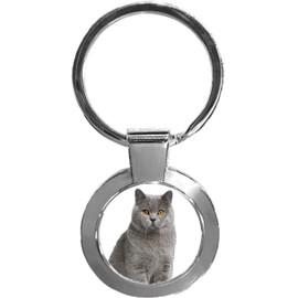 British Shorthair Grey Cat Pet Luxury Round Shaped Metal Keyring In A Gift Box