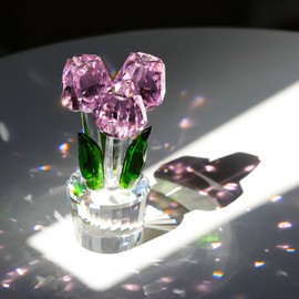 Enjinkail Glass Tulips Flowers Gifts for Women Collectible Crystal Figurine Decor Pink Forever Tulip Ornaments for Desk Office Presents for Mothers Day Graduation Christmas Wedding