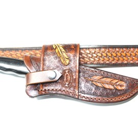 Carl Thomas Leathers Handcrafted Leather Knife Sheath, Brown, Cross-Draw Design, Feather. Pattern Tooling, Fixed Blade Holder for Buck 119, Traditional Style, Right Hand Carry, 9x4x1.25 Inch