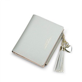 Small Wallet for Women Slim Bifold Card Holder Minimalist Tassel Zipper Coin Pocket (Small-Gray)