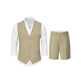 YND 2 Piece Men's Regular Fit Linen Waistcoat Shorts, Lightweight Vest Pants, Casual Wedding Beach Summer Prom Homecoming Outfit Deep Khaki