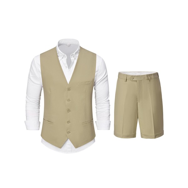 YND 2 Piece Men's Regular Fit Linen Waistcoat Shorts, Lightweight