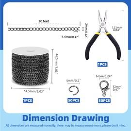 Glarks 102Pcs 30 Feet Jewelry Chains Set Gun Black Cable Link Chains Link Rolls Bulk Twisted Links Chain Necklace Jewelry Making Chains with Lobster Clasps and Jump Rings for Necklace Jewelry Making