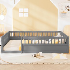DNYN Full Size Montessori Floor Bed for Kids Bedroom,Wooden Bedframe w/Fence & Easy Assemble & Space Saving Design & No Box Spring Needed, Gray