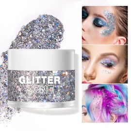 LANGMANNI Holographic Body Glitter Gel/Eyeshadow Cosmetic Grade for Body, Face, Hair and Lip. Colour-Changing Glitter Gel Under Light. -1.35 oz (5# Silver Fantasy)