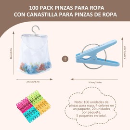Bebeay Pinzas para Ropa Multifuncional, Pinzas para Tender La Ropa, con Bolsillo De Red para Secar La Ropa Diseño Antideslizante Dentado, Adecuado para Guardar Ropa, Calcetines, Toallas (100 Pack)