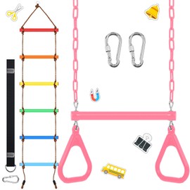 ShinyRelief 2 Pack Gym Swing Sets 48'' Trapeze Swing Bar Monkey Bar Heavy Duty Chain with Locking 6.8ft Climbing Rope Ladder Climbing Game for Accessories Tree House Playground Outdoor Play (Pink)