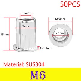 Qrity 50 PCS Rivet Nut, Stainless Steel Flat Head Threaded Insert Nutsert Kit, M6 Fasteners Nut