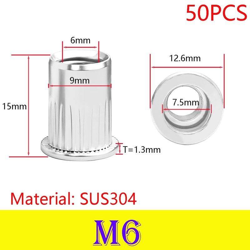 Qrity 50 PCS Rivet Nut, Stainless Steel Flat Head Threaded