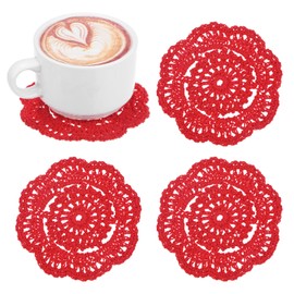 M METERXITY 4-Pack Handmade Crochet Coasters, 4Inch/10cm Round Cotton Placemats for Table/Cup/Bowl/Vase/Tea Trays/Home Decoration, Lace Doilies Place Mats [Bright Red]
