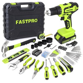 FASTPRO 177-Piece 20V Cordless Lithium-ion Drill Driver and Home Tool Set, Household Repairing Tool Kit with Drill in Storage Case, Green