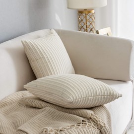 Kevin Textile Pack of 2, Corduroy Soft Soild Decorative Square Throw Pillow Covers Set Cushion Cases for Sofa Bedroom Car 18 x 18 Inch 45 x 45 cm, Creamy White