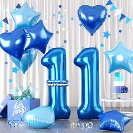 Blue Number 11 Balloons, 40inch Dark Blue Number 11 Balloons, 11 Number Balloons Set, Bule Foil Star Heart Balloons With Long Balloons For Boys 11th Birthday Party 1st Kids Baby Shower Decorations