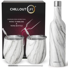 CHILLOUT LIFE 12 oz Stainless Steel Wine Tumblers 2 Pack & 1 Insulated Wine Bottle - Double Wall Vacuum Insulated Wine Glasses Cups with Lids and Straws Set Keeping Cold & Hot Gift Set