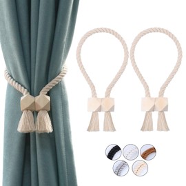 OCIOLI 2 Pack Strong Magnetic Curtain Tiebacks Curtain Holdbacks Outdoor Curtain Tiebacks Cotton Hand Woven Tie Backs Drapery Holdbacks Curtain Ties for Drapes (Beige, 2)